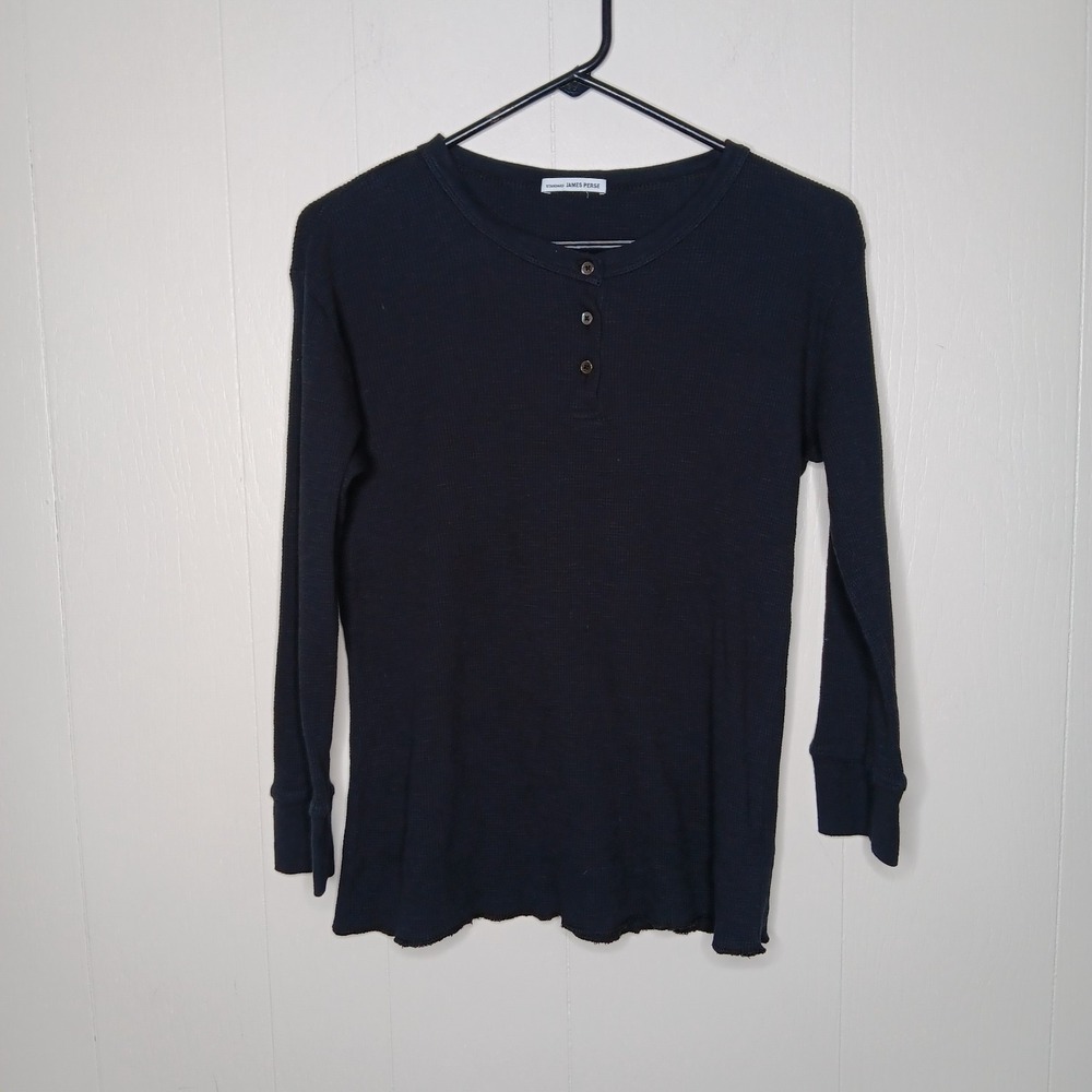 Standard James Perse Henley Shirt Womens Size 3 Black Waffle Knit Long Sleeve